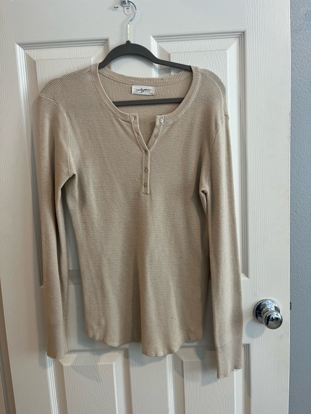 Carly Jean Los Angeles Beige Ribbed Henley Long Sleeve Top